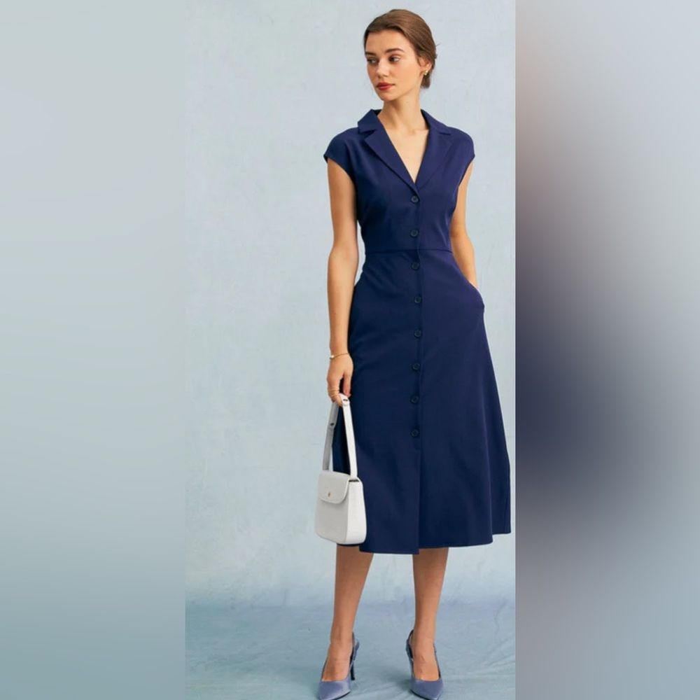 Elegant Navy Blue Button-Down Dress